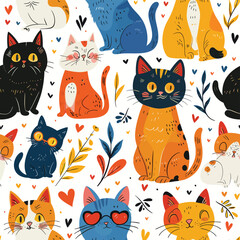 Cat poster. Cartoon cat characters seamless pattern. Different cat`s poses and emotions set. Flat color simple style design