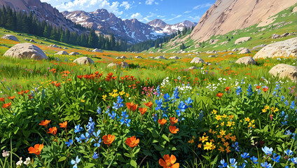 Alpine meadows filled with colorful wildflowers.