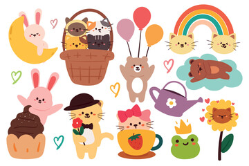 set of hand drawing cartoon animals sticker set. cute animal drawing for sticker, icon