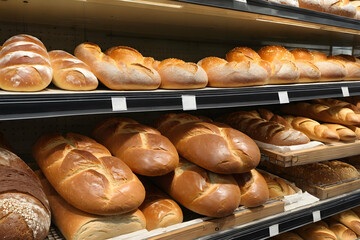 Breads on supermarket shelves, bread, baguettes, buns, bagels, variety of fresh bread on grocery store bakery shelves, bread in a bakery, bread buns on baker shop