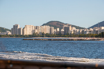 buildings in the Flamengo neighborhood, seen from Guanabara Bay in Rio de Janeiro.