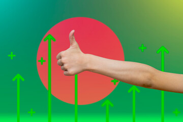 Bangladesh flag with green up arrows, upward rising arrow on data, increasing values and improving 