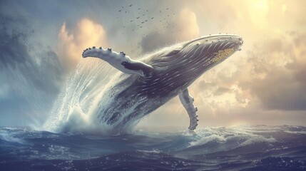 A majestic humpback whale breaching the ocean surface, sunlight glinting off its back, with a message of ocean conservation on Earth Day.