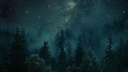 A image of a forest at night, with the Milky Way galaxy visible above the trees, symbolizing the...