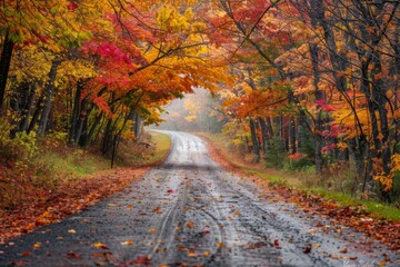 A road with trees on both sides and leaves on the ground