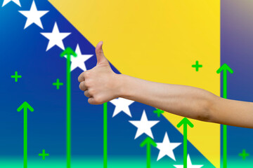 Bosnia flag with green up arrows, upward rising arrow on data, increasing values and improving 