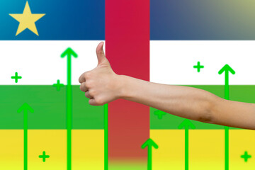 Central African R. flag with green up arrows, increasing values and improving economy,  finger 