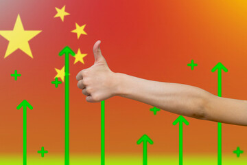China flag with green up arrows, country statistics concept,  finger thumbs up front of China flag