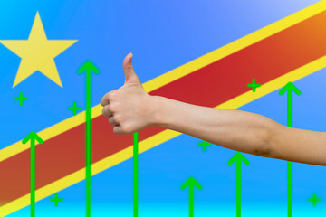 Congo Democratic Republic flag with green up arrows, increasing values and improving economy,  