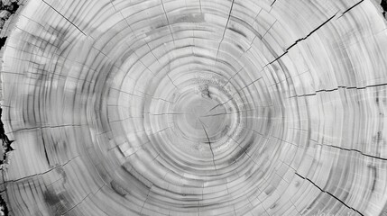 A black and white photo of a tree stump revealing annual rings, showcasing a fascinating pattern of concentric circles. The symmetry of the rings resembles an automotive tires wheel system