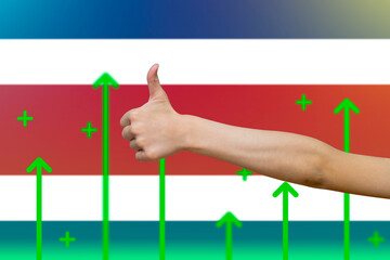 Costa Rica flag with green up arrows, increasing values and improving economy, upward rising arrow 