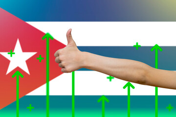 Cuba flag with green up arrows, upward rising arrow on data, increasing values and improving 