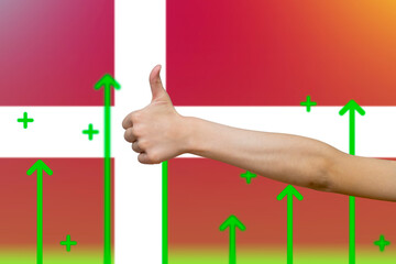 Denmark flag with green up arrows, increasing values and improving economy, upward rising arrow 