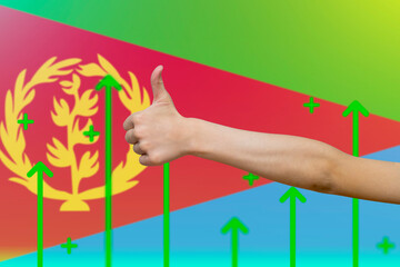 Eritrea flag with green up arrows,  finger thumbs up front of Eritrea flag, increasing values and 
