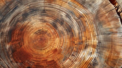 Fototapeta premium A closeup of a brown tree stump reveals the intricate annual rings, showcasing the symmetry and natural beauty of the wood trunk in a circular pattern, resembling a piece of art