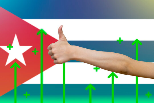 Cuba flag with green up arrows, upward rising arrow on data, increasing values and improving  - Powered by Adobe