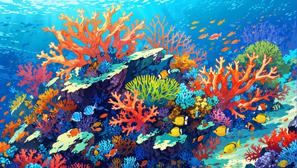 Coral reef teeming with colorful marine life.