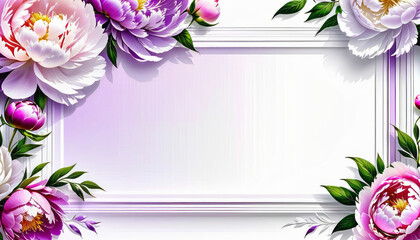 Banner with bordo and purple peony flowers on light background. Flat lay, top view. Frame template for web, wedding invitation, Mothers and Womans day. Floral composition with copy space.