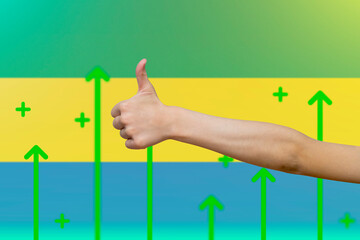 Gabon flag with green up arrows, upward rising arrow on data, country statistics concept,  finger 