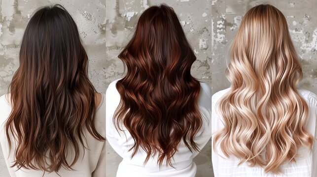 Several shades of hair on three girls. Collage. View from the back