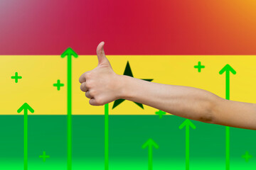 Ghana flag with green up arrows,  finger thumbs up front of Ghana flag, increasing values 