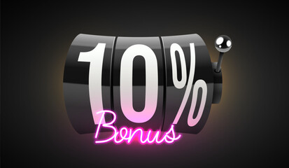 10 percent bonus. Black slot machine wins the jackpot. 777. Big win concept. Casino jackpot.