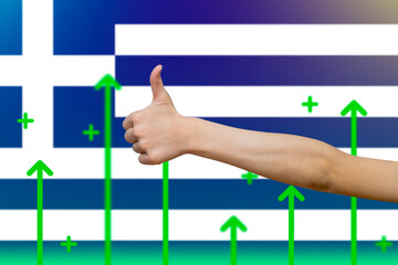 Greece flag with green up arrows,  finger thumbs up front of Greece flag, country statistics 