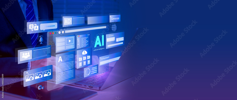 Fototapete artificial intelligence content generator. a man uses a laptop to interact with ai assistant. ai off