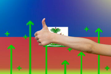 Haiti flag with green up arrows, upward rising arrow on data, country statistics concept