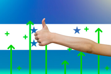 Honduras flag with green up arrows,  finger thumbs up front of Honduras flag, upward rising arrow 