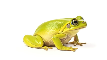 An isolated green frog against a stark white background