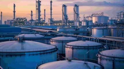 A vast industrial facility with rows of storage tanks containing various chemicals, representing...