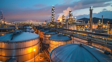 A vast industrial facility with rows of storage tanks containing various chemicals, representing the large-scale applications of tank chemistry