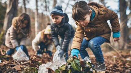 Fototapeta premium A group of children picking up plastic waste in a park, inspiring action and responsibility from a young age