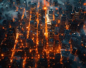 Naklejka premium Aerial cityscape at dusk, the urban grid glowing with life from above, showcasing the city's heartbeat