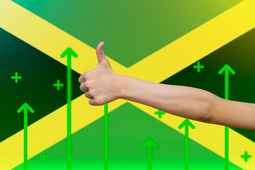 Jamaica flag with green up arrows, increasing values and improving economy, country statistics 