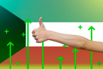 Kuwait flag with green up arrows, increasing values and improving economy, upward rising arrow 