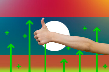 Laos flag with green up arrows, increasing values and improving economy, upward rising arrow on 