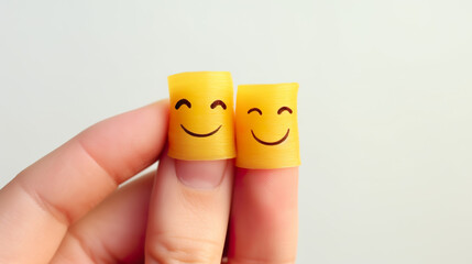 Isolated on a background of pure white, a happy couple in love with painted smiles on their fingers