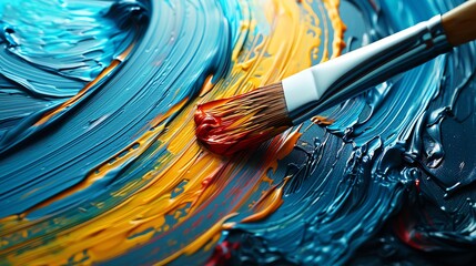 Fototapeta premium Artistic expression in action, close-up on a paintbrush transforming a canvas, the dance of colors