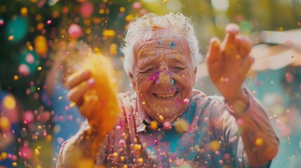 An elderly woman has fun at the Holi festival in India. Holi - Indian festival of colors
