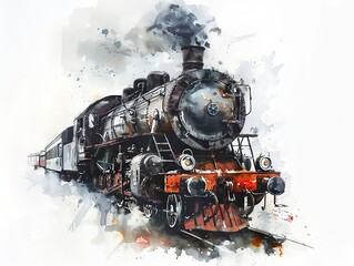 Obraz premium A minimalist watercolor painting of an oldfashioned steam train, detailed with smoky grays and rustic reds, historic and powerful, isolated on a white background