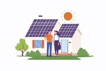 A family uses a renewable energy system, standing near the house with solar panels, Alternative energy.