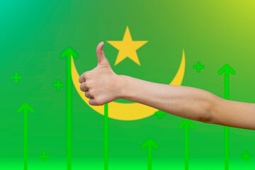 Mauritania flag with green up arrows, increasing values and improving economy,  finger thumbs up 