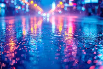 Naklejka premium Colorful lights from street lamps illuminate the rain-soaked pavement, creating a mesmerizing visual display that is perfect for artistic projects.