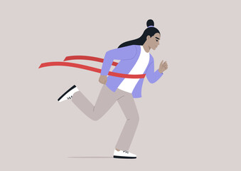 Triumphant Sprint to Victory, A determined runner breaks through the red finish ribbon