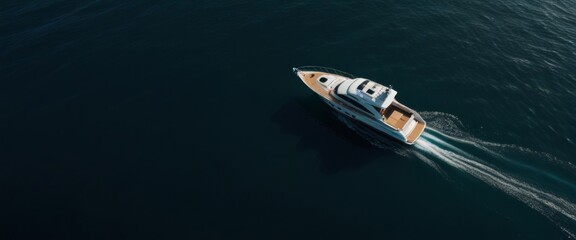 A yacht is floating on the sea, aerial view from a drone perspective, in a minimalist style, captured with high definition photography from. The dark blue-green ocean background creates contrast betwe