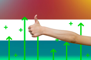 Netherlands flag with green up arrows,  finger thumbs up front of Netherlands flag, upward rising 