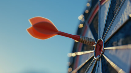 A close-up image capturing an orange dart precisely embedded in the bullseye of a classic dartboard with a clear sky background