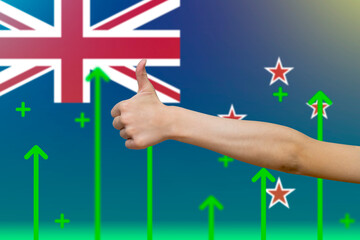 New Zealand flag with green up arrows, increasing values and improving economy, country statistics 